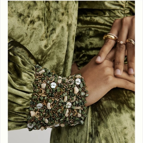 Nirmooha Anthropologie Green Velvet One Shoulder Beaded Dress - Picture 3 of 8